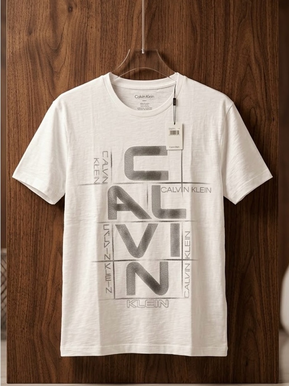 Calvin Klein White Short-Sleeve Tee with Gray Vertical Logo